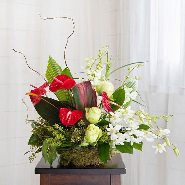 bright tropical inspired flowers in compostable container for funeral service