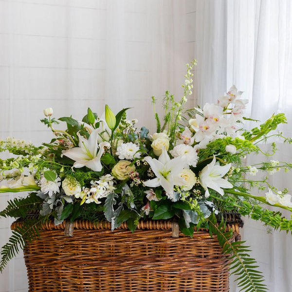 full size funeral casket flowers in white